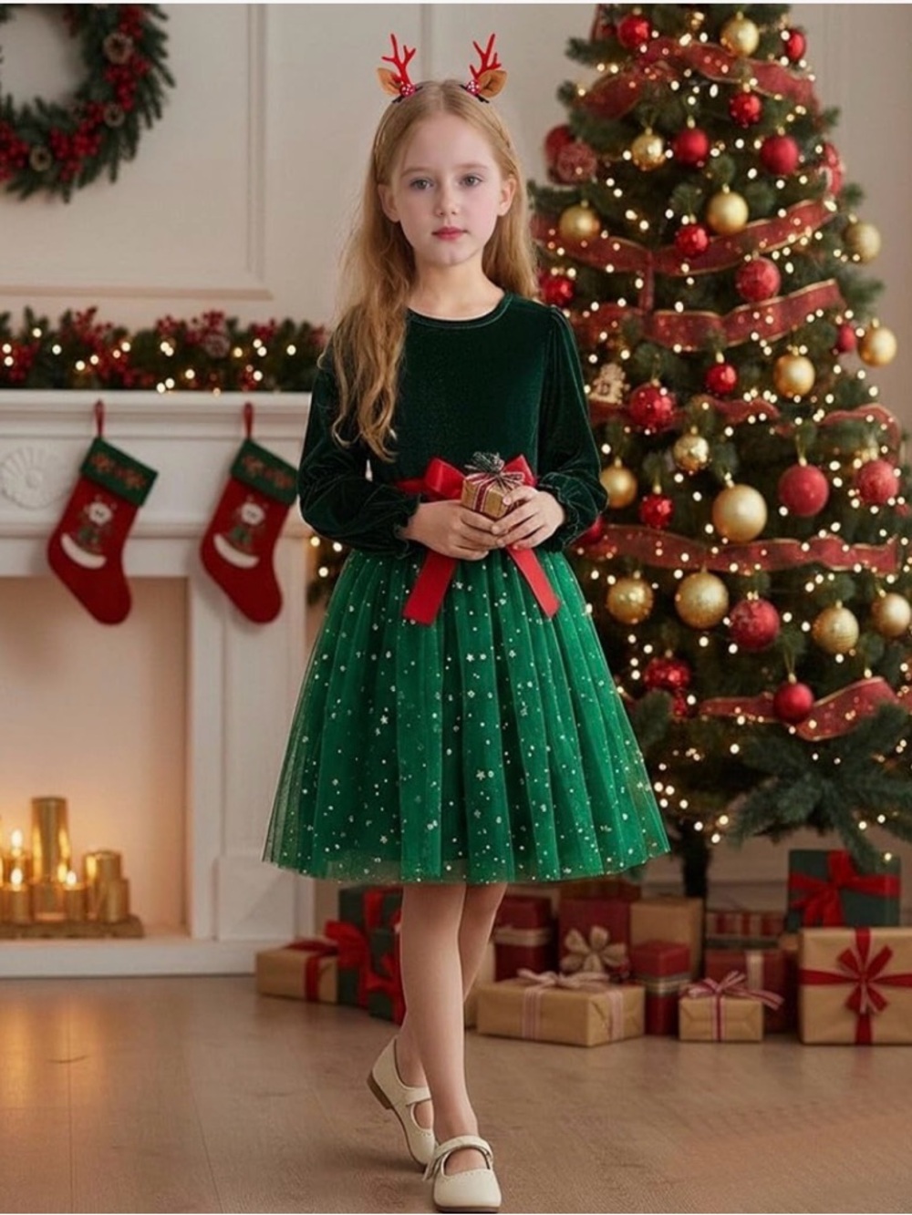 Girls Emerald Green Velvet & Tulle Holiday Dress with Red Bow